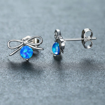 Women's Bow‑Shape Round Opal Stud Earrings, with Rose Gold Plating / White Gold Plating
