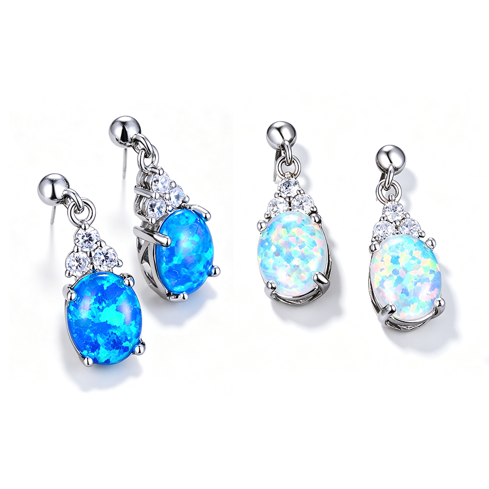 Women's Oval Opal Dangle Stud Earrings With Triple Zirconia Accent, with White Gold Plating