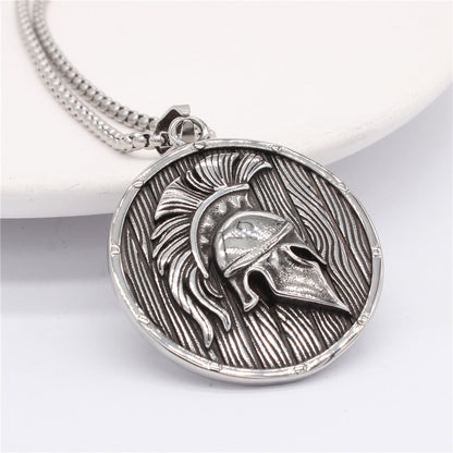 Men's Vintage Spartan Warrior Helmet Round Pendant Necklace