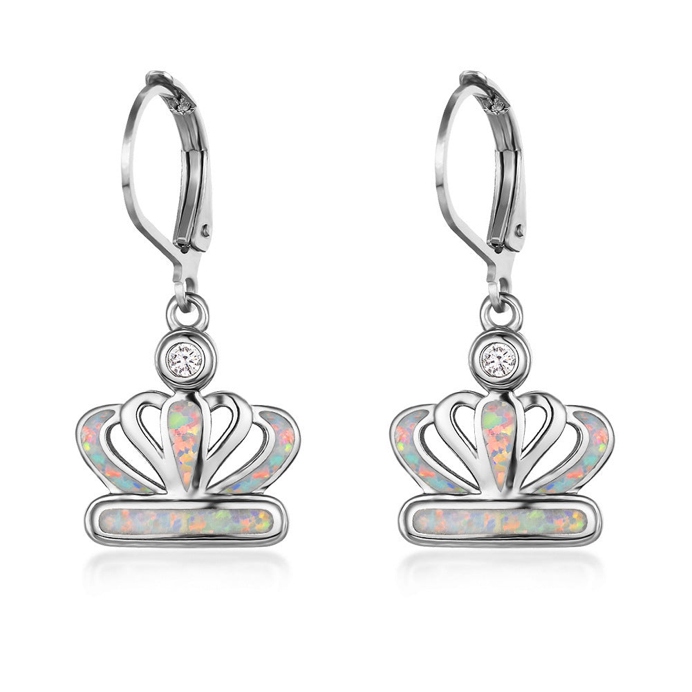 Women's Crown Blue Opal Zircon Dangle Earrings, Rose Gold Plating/White Gold Plating