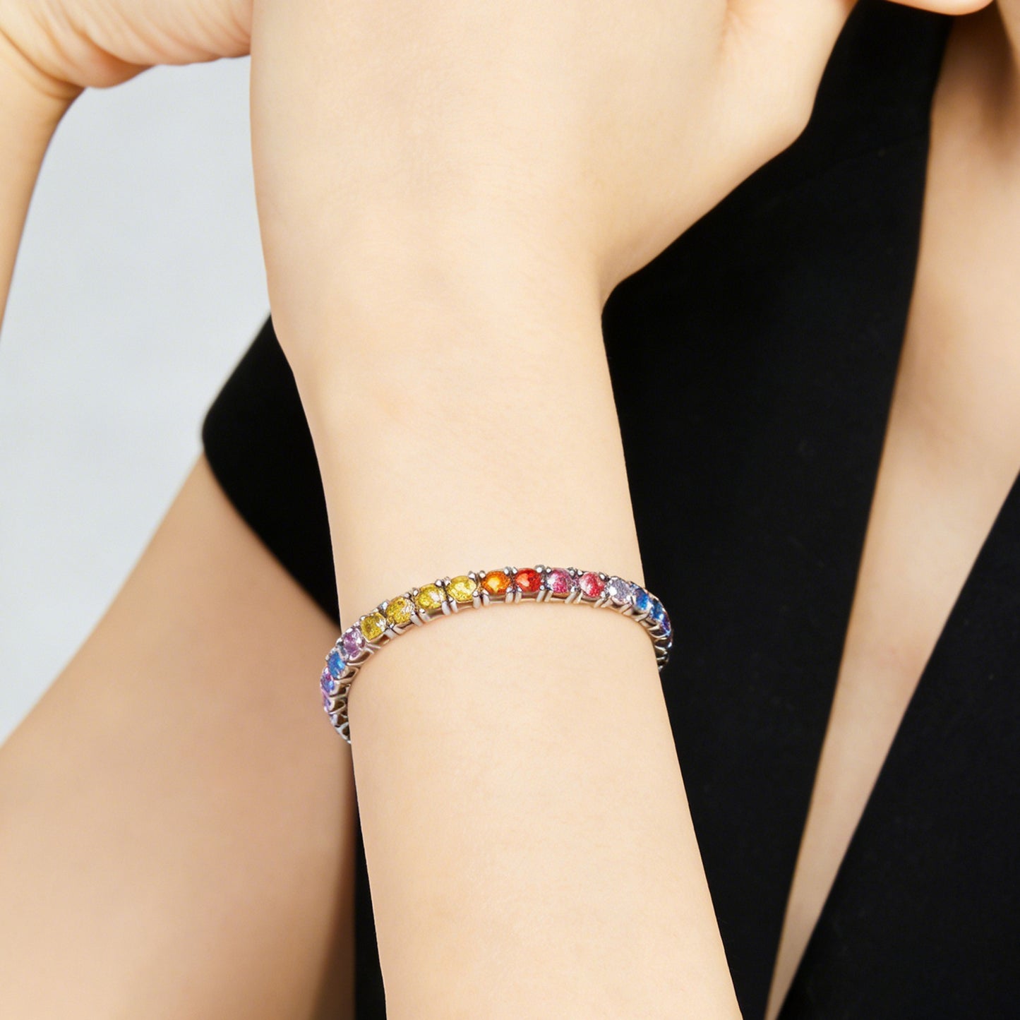 Women&Men's 18k White Gold-Plated 3mm Round Colored Zircon Tennis Bracelet