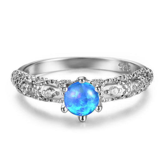 Women's White Gold Plated Six Prong Opal With Zirconia ring