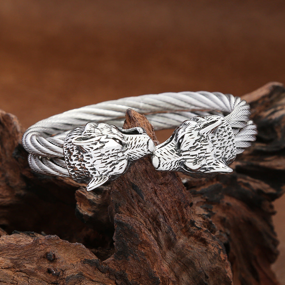 Viking Mythology Double Layer Solid Stainless Steel Open Adjustable Cuff Bracelet for Men Wrist Jewelry