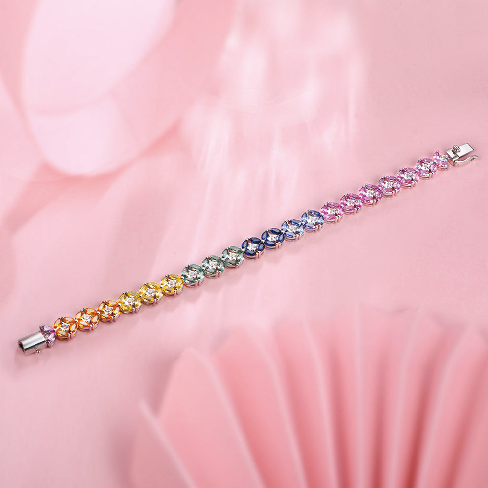 Women's Sterling Silver Pear Cut Colored Gem Flower Shape Plain Tennis Bracelet