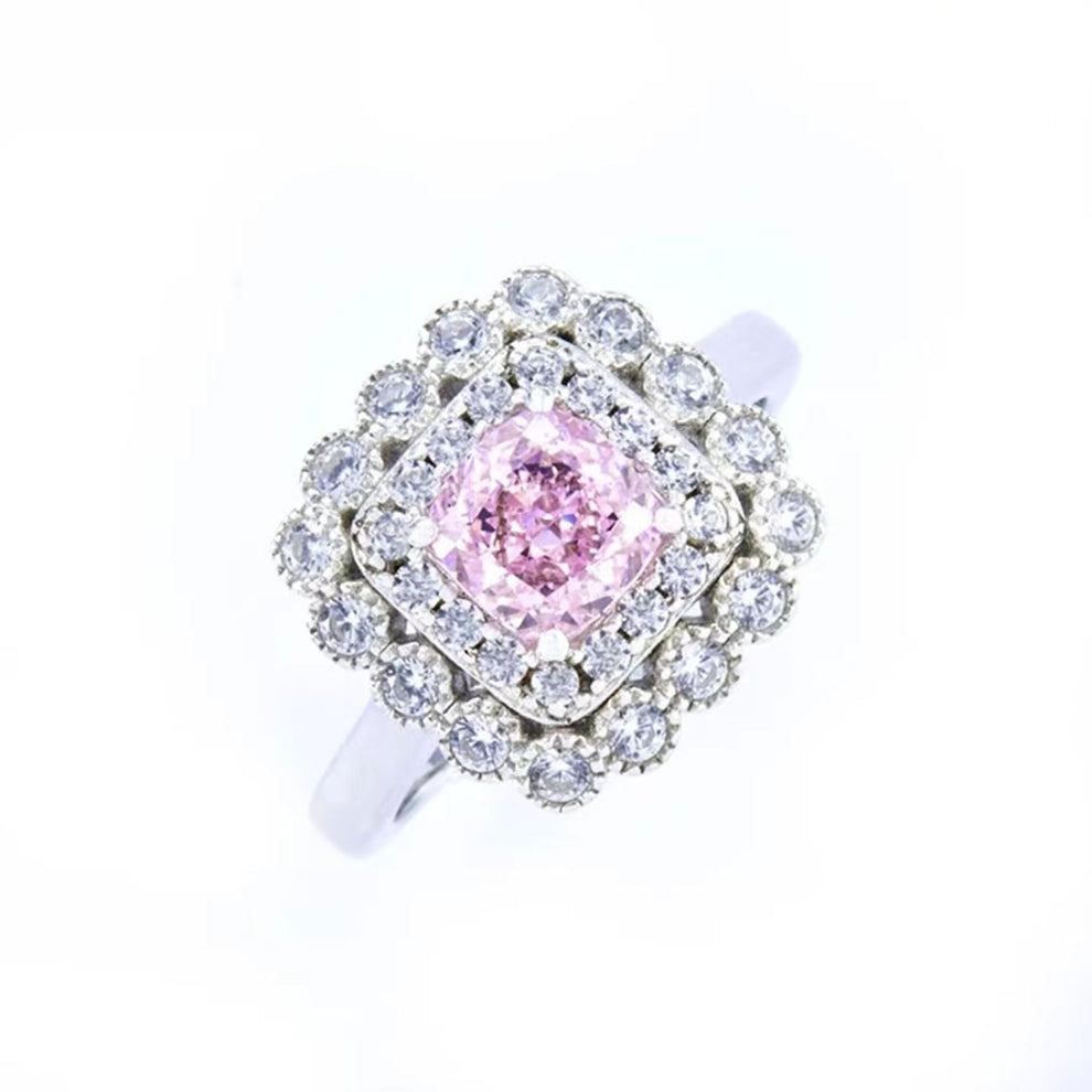 Women's White Gold Cushion Shape Layered Stones Pink Gem Halo Adjustable  Ring