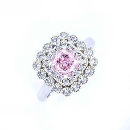 Women's White Gold Cushion Shape Layered Stones Pink Gem Halo Adjustable  Ring