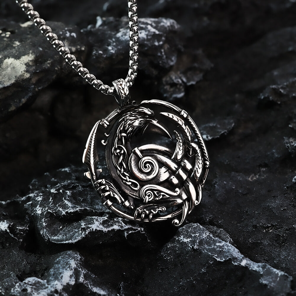 Mens Steel Nordic Raven Hollow Round Pendant Necklace