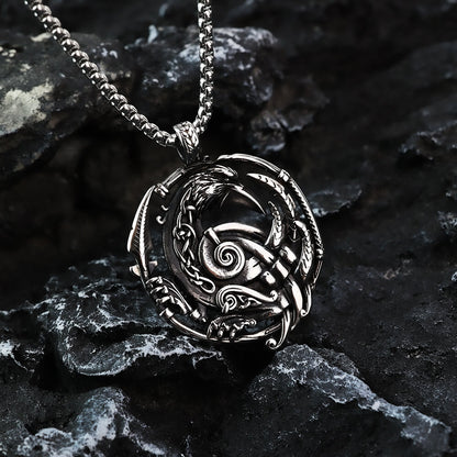 Mens Steel Nordic Raven Hollow Round Pendant Necklace