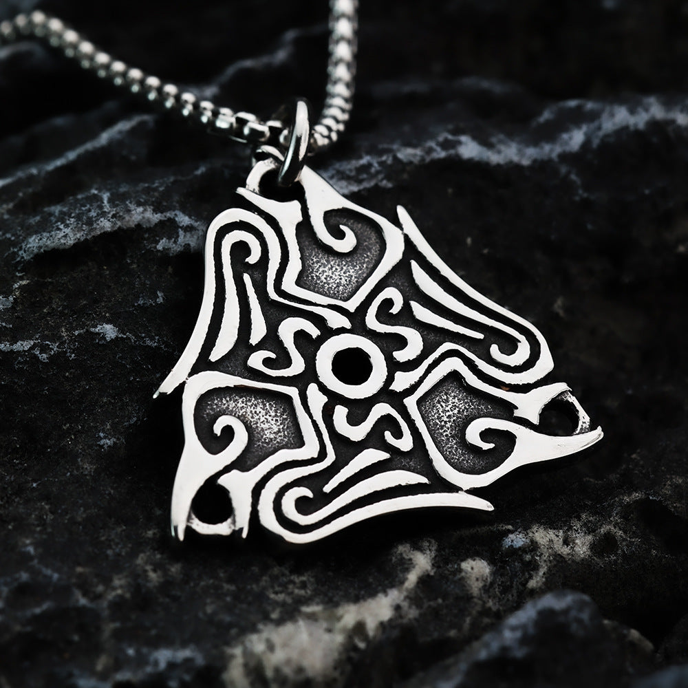 Vintage Antique Oxidized Stainless Steel Men's Norse Viking Swirl Pattern Triangle Hollow Totem Pendant Necklace