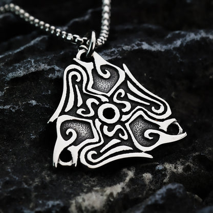 Vintage Antique Oxidized Stainless Steel Men's Norse Viking Swirl Pattern Triangle Hollow Totem Pendant Necklace