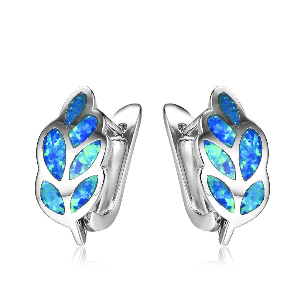 Women's Leaf‑Shaped Opal Huggie Clip‑on Earrings, with White Gold Plating