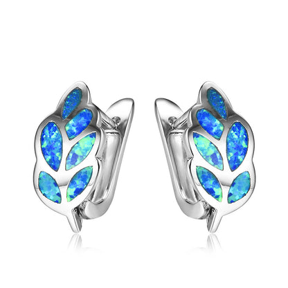 Women's Leaf‑Shaped Opal Huggie Clip‑on Earrings, with White Gold Plating