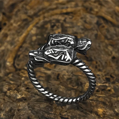 Vintage Solid Stainless Steel Twisted Band Norse Double Dragon Head Ring for Men