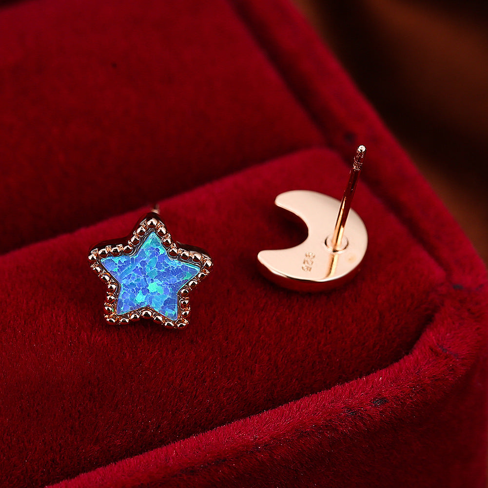 Women's Asymmetrical Star‑Moon Blue / White Opal Stud Earrings, with White Gold Plating / Rose Gold Plating