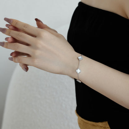 Women's Delicate Bracelet, White Shell & Round White Zirconia Inlay Clover Design, S925 with White Gold Plating