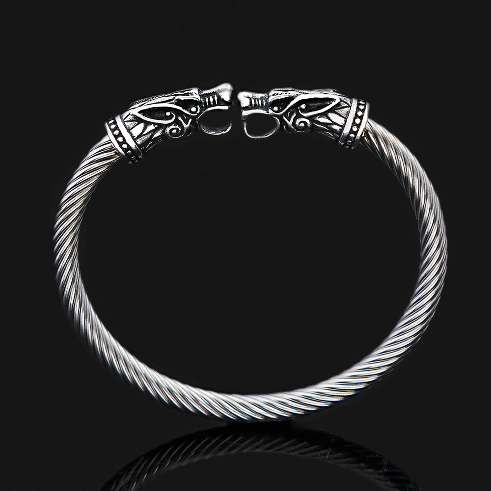 Men's Retro Double Dragon Head Twisted Open Cuff Bracelet