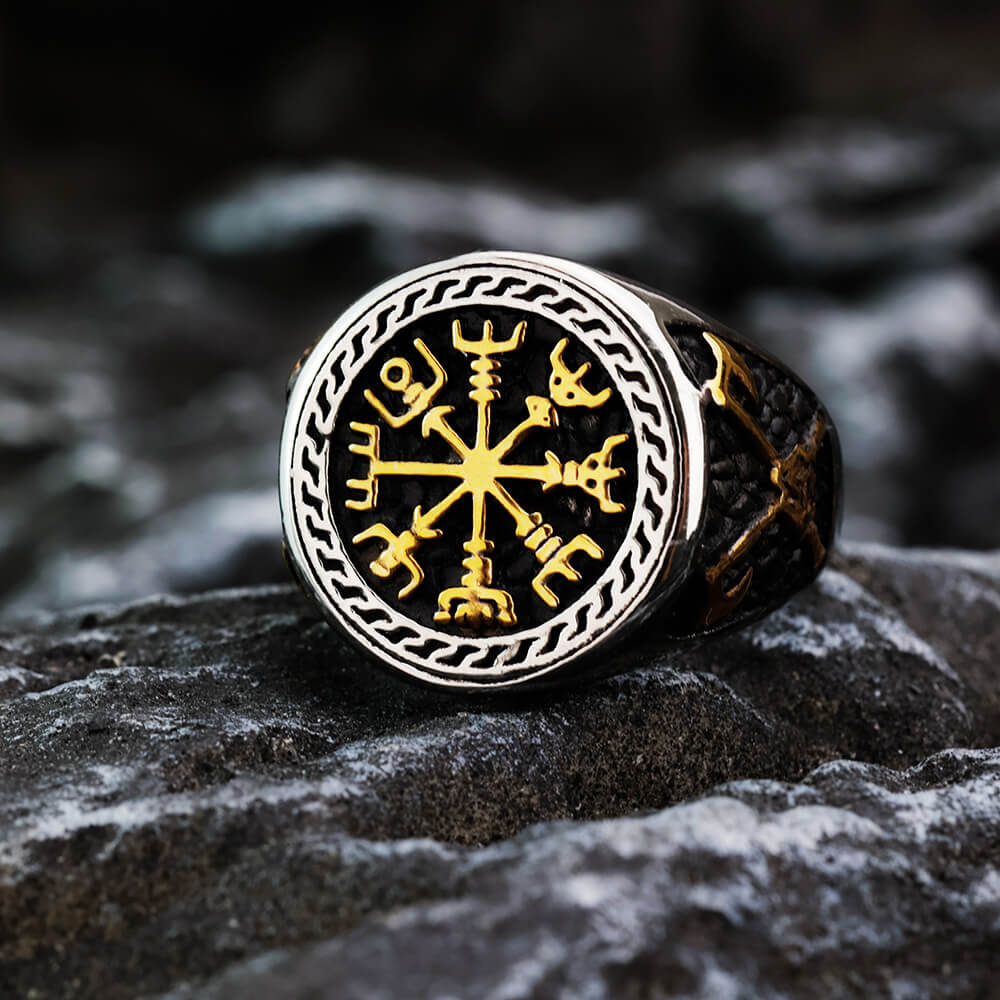 Vintage Nordic Solid Stainless Steel Engraved Axe Viking Compass Ring for Men