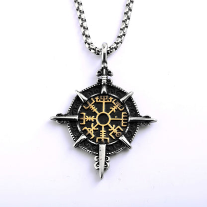 Vintage Stainless Steel Viking Ship Wheel Pendant Necklace for Men