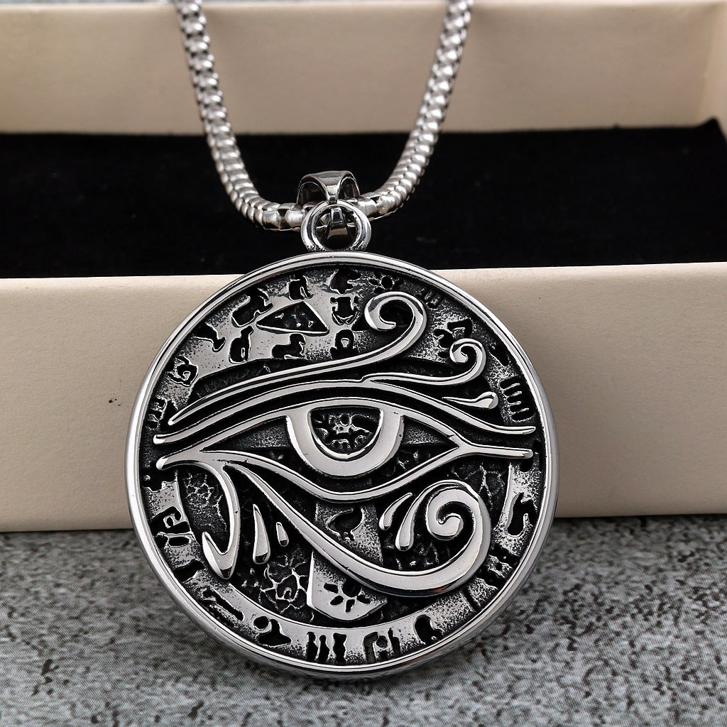 Men's Steel Egyptian Eye of Horus Round Tag Pendant Necklace