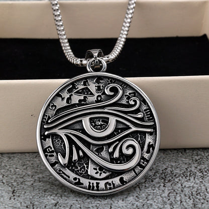 Men's Steel Egyptian Eye of Horus Round Tag Pendant Necklace