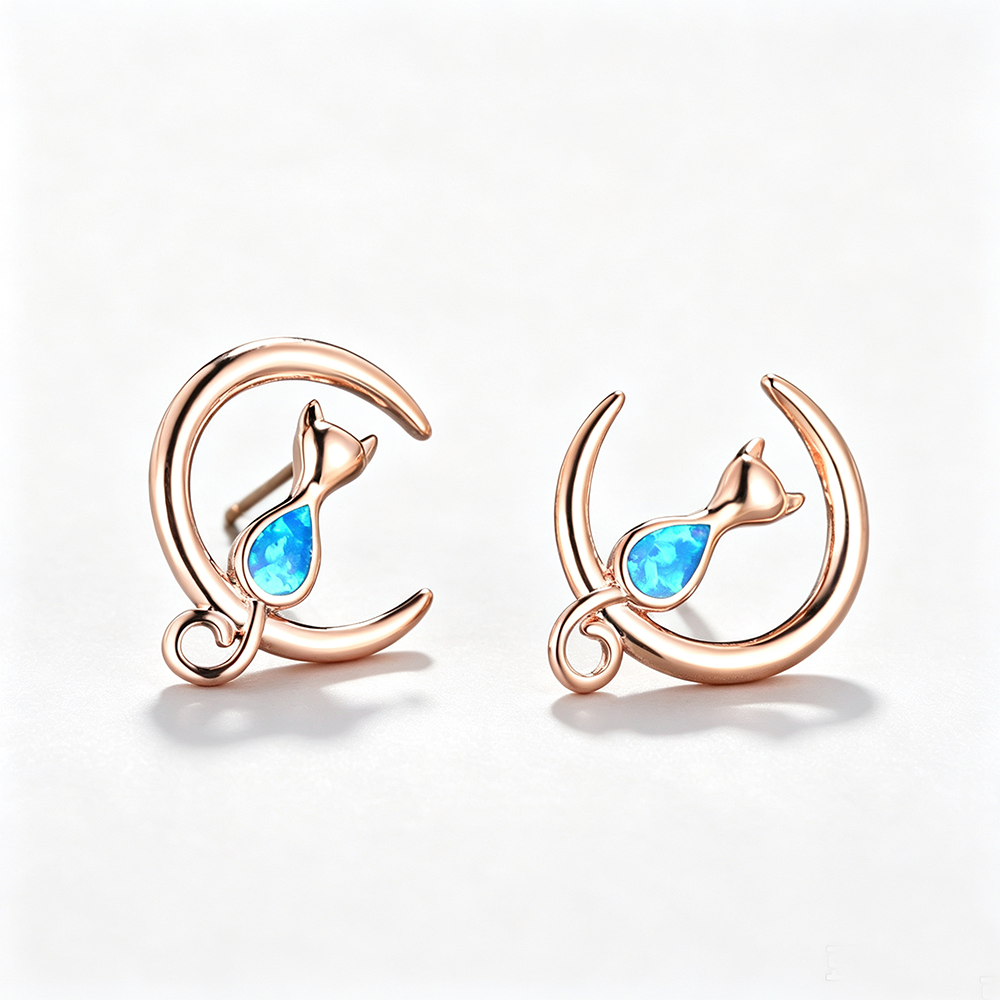 Women's Cat‑On‑Crescent‑Moon Stud Earrings With Teardrop Opal, with White Gold / Rose Gold Plating