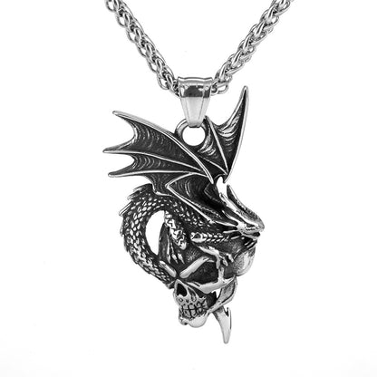 Vintage Stainless Steel Dragon & Skull Pendant Necklace for Men