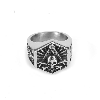 Vintage Solid Stainless Steel Wide Band Hexagon Masonic AG Skull Signet Ring for Men