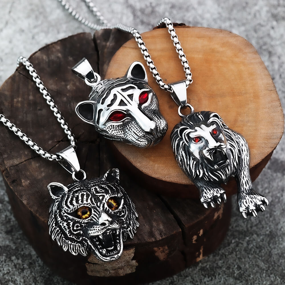 Vintage Stainless Steel Tiger Lion Leopard Pendant Necklace for Men
