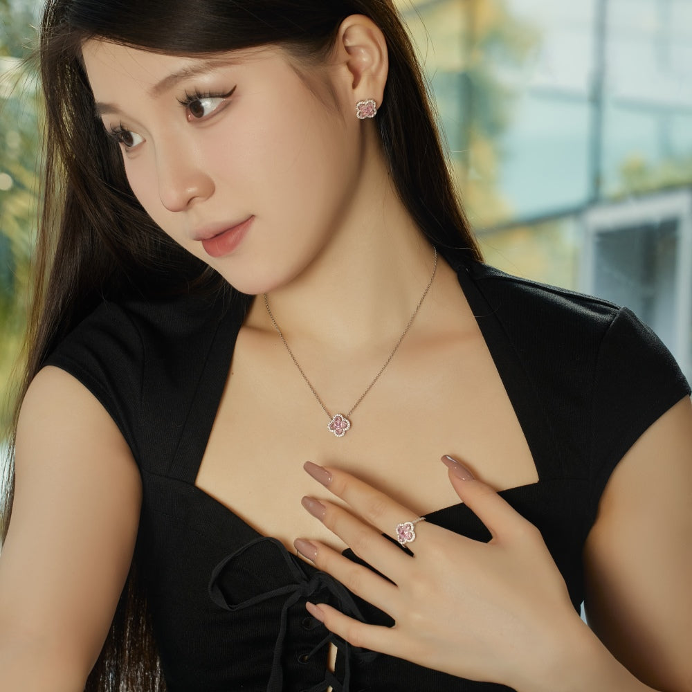 Women's Clover Pendant Necklace, D‑Shape Pink Sapphire, S925 with White Gold Plating