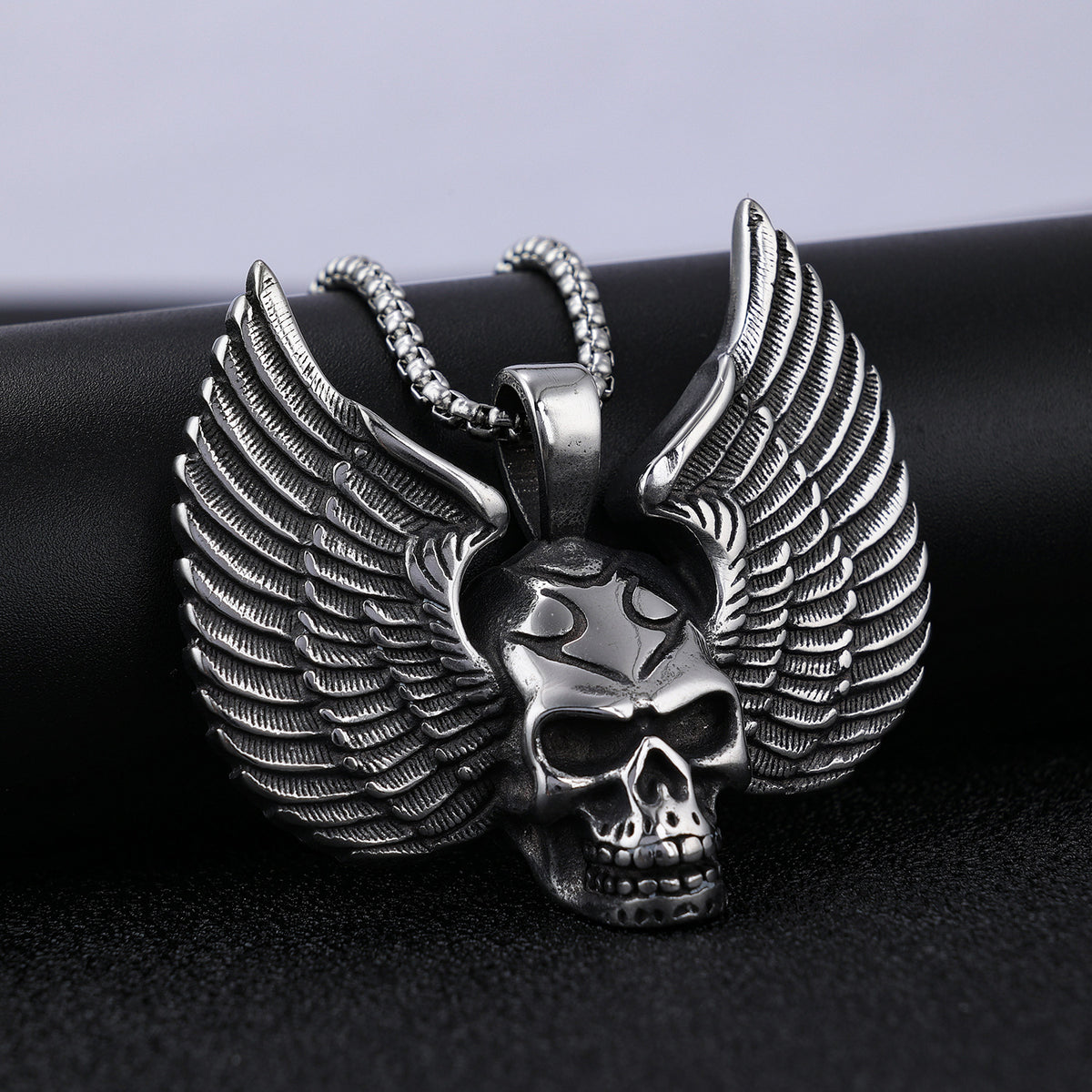 Men's Steel Winged Skull Pendant Necklace