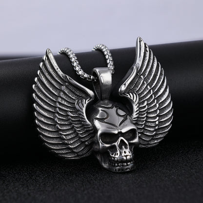 Men's Steel Winged Skull Pendant Necklace