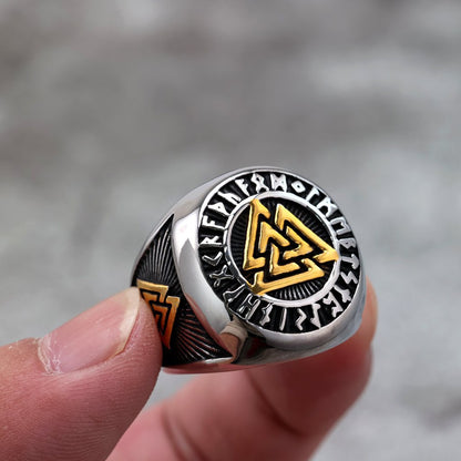 Vintage Nordic Solid Stainless Steel Viking Rune Triangle Ring for Men