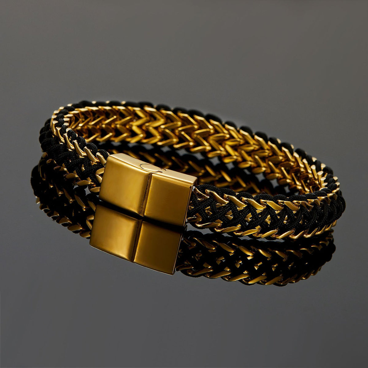 Gold Tone Double Row Welded Square Polished Stainless Steel Braided Bracelet for Men, Magnetic Clasp Wrist Chain