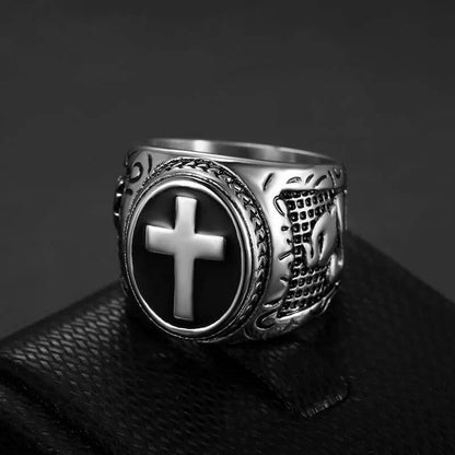Vintage Solid Stainless Steel Cross Signet Ring for Men