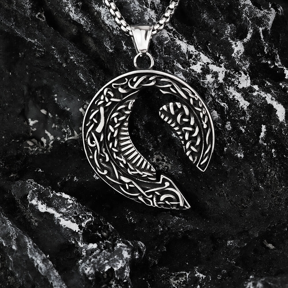 Men's Steel Vintage Celtic Raven Crescent Pendant Necklace