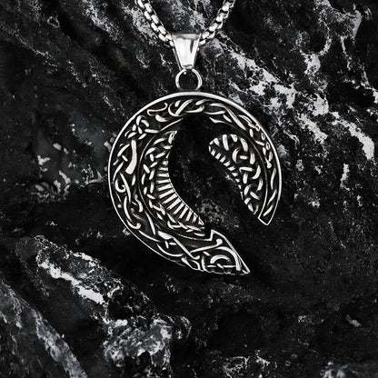 Men's Steel Vintage Celtic Raven Crescent Pendant Necklace