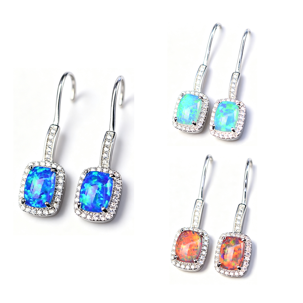 Women's White Gold Plating Rectangular Halo Zirconia Multi Color Opal Hook Earrings