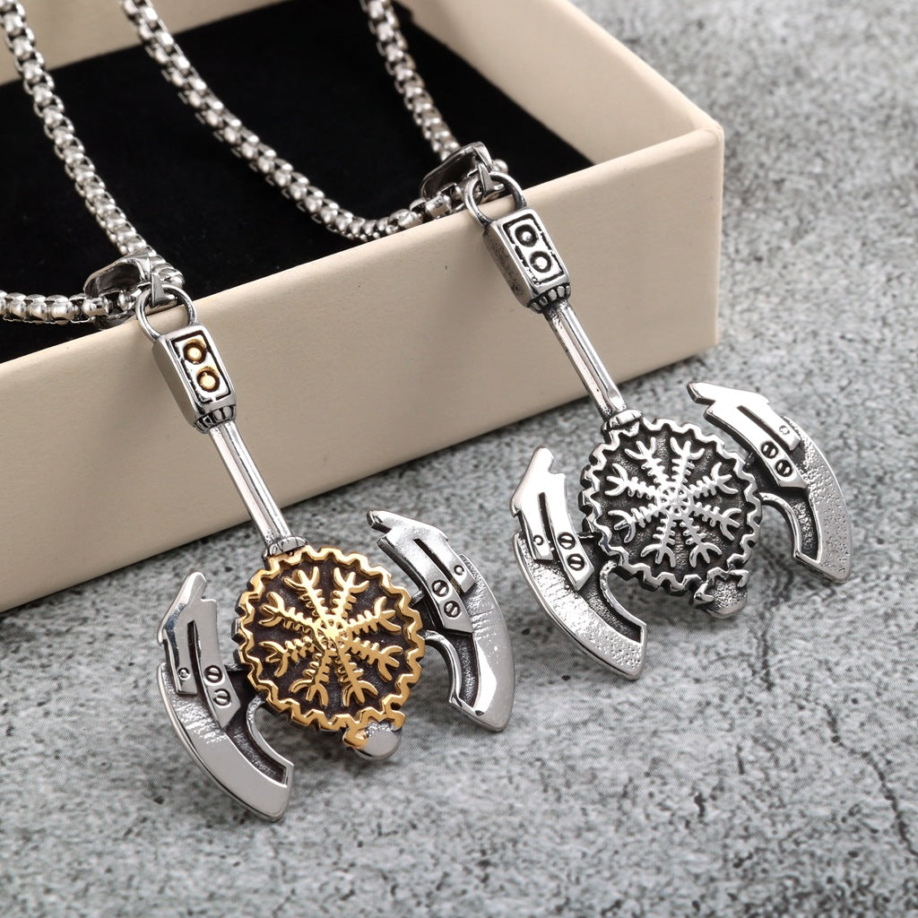 Men's Steel Viking Axe Helm of Awe Pendant Necklace