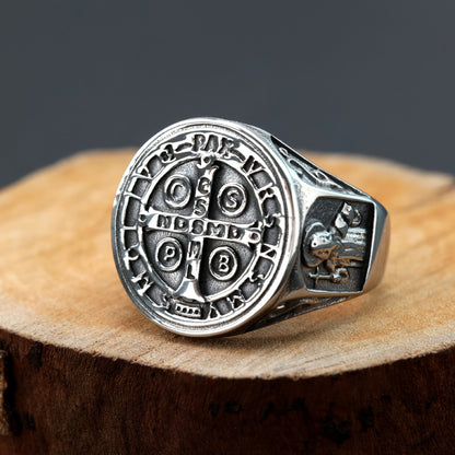 Vintage Stainless Steel Saint Benedict Exorcism Cross Ring for Men