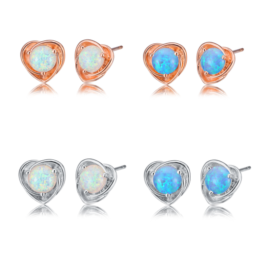 Women's Twisted Heart Shape Blue & White Opal Stud Earrings, White Gold Plating & Rose Gold Plating