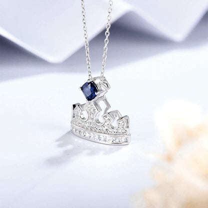 Women's Sterling Silver Necklace with Square Blue Sapphire Full Diamond Crown Pendants