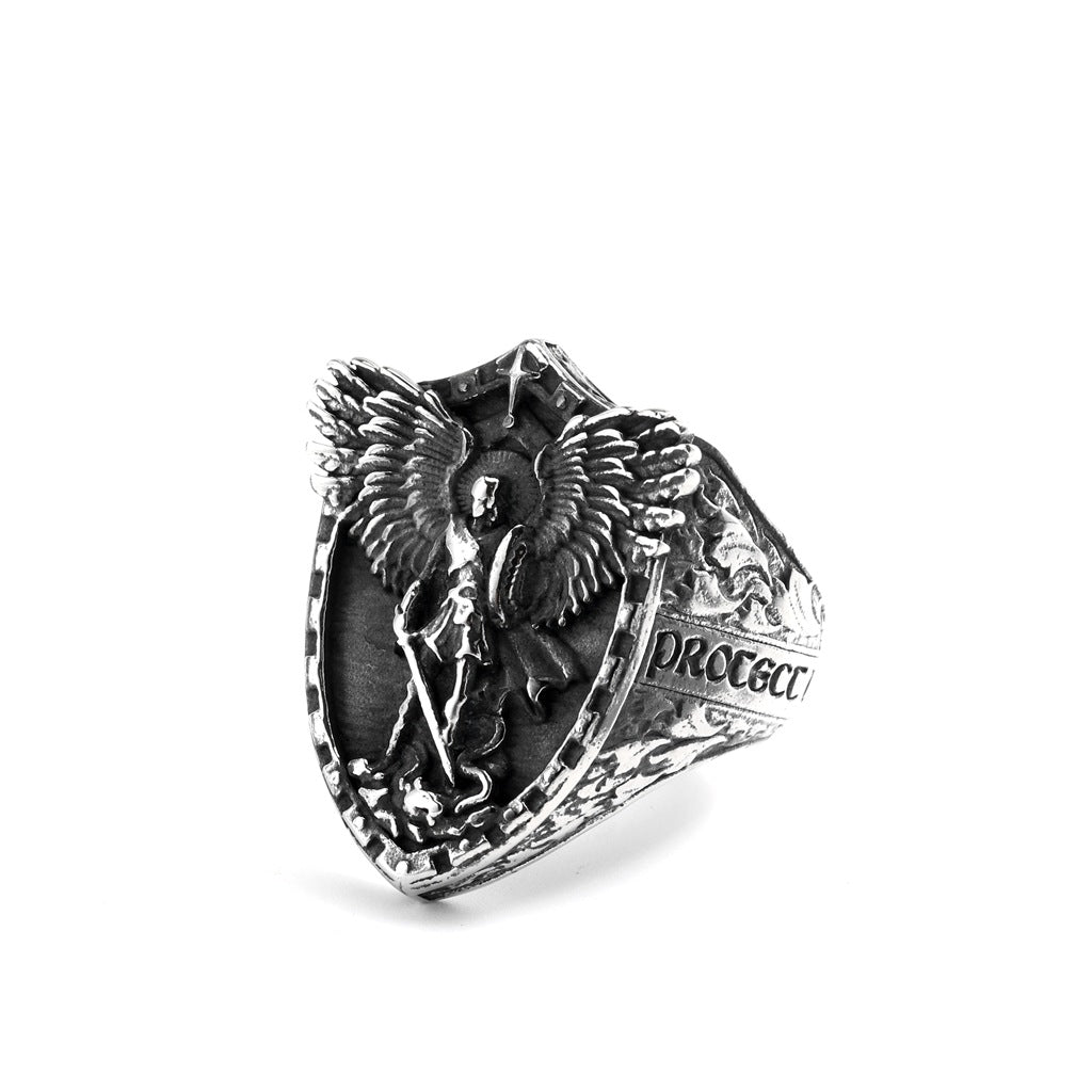 Vintage Solid Stainless Steel Punk St. Michael Dragon Slayer Ring for Men