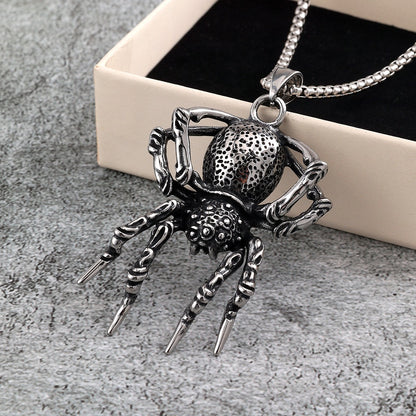 Vintage Stainless Steel Men's Halloween 3D Spider Pendant Necklace
