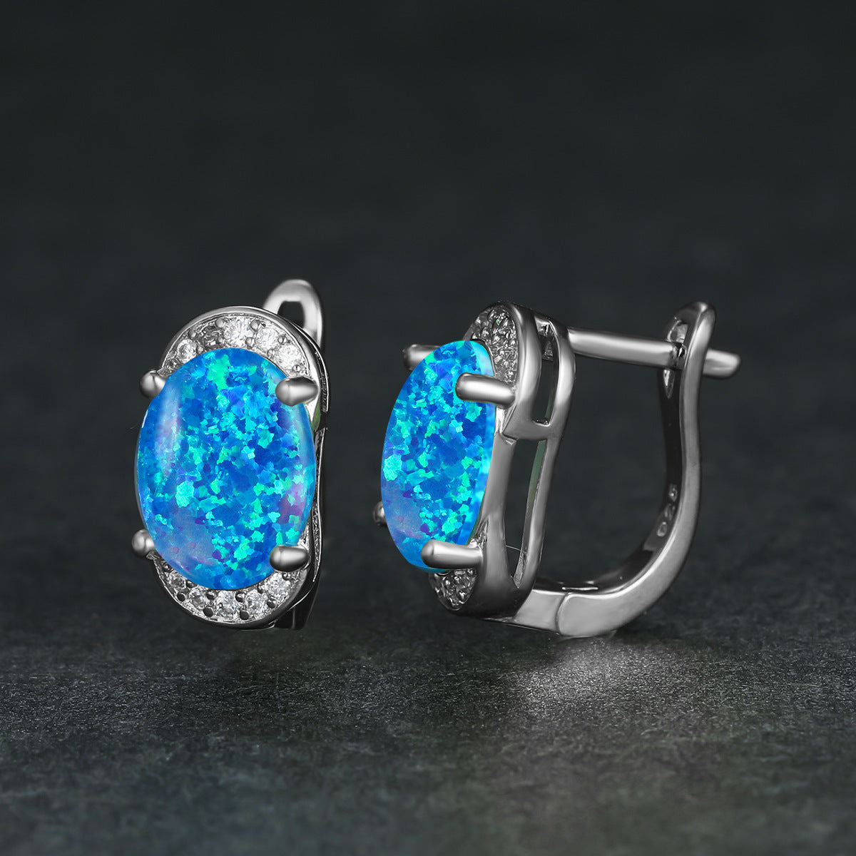Women's Oval White & Blue Opal Halo Round Zirconia Huggie Earrings, with Gold Plating / with White Gold Plating