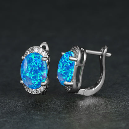Women's Oval White & Blue Opal Halo Round Zirconia Huggie Earrings, with Gold Plating / with White Gold Plating