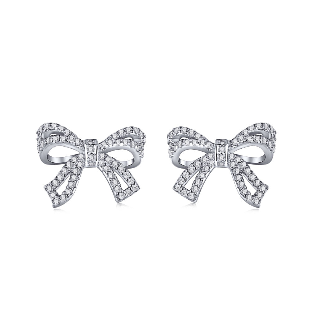 Women's Bow Stud Earrings, Full Paved Round Zirconia, S925 with White Gold Plating