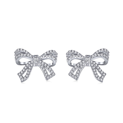 Women's Bow Stud Earrings, Full Paved Round Zirconia, S925 with White Gold Plating