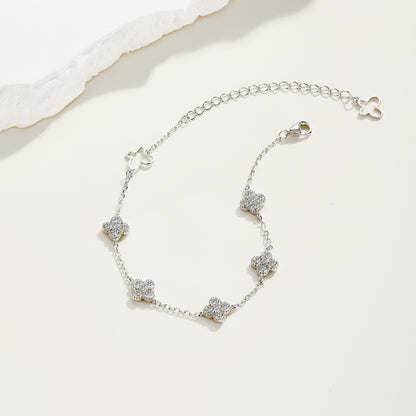 Women's Fashion Exquisite Bracelet, Round Zirconia Inlaid Clover & Hollow Butterfly Design, S925 with White Gold Plating