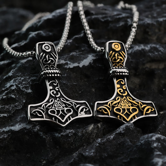 Men's Steel Viking Mjolnir Two Tone Celtic Knot Pendant Necklace