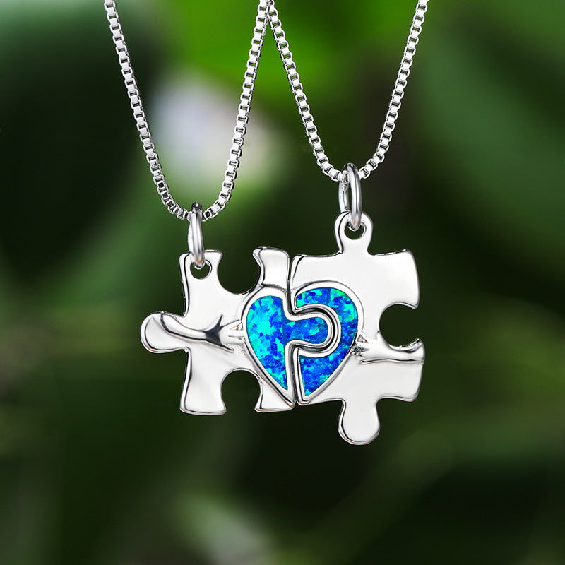 Blue Opal Puzzle Heart Set Necklace